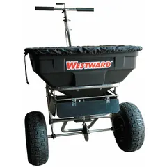 This manual walk-behind spreader distributes salt or ice melt for de-icing surfaces such as driveways, walkways, and parking lots. It features a stainless steel frame and a 125 lb capacity, with a maximum spread width of 12 ft.