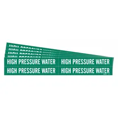 Green adhesive pipe marker with white legend reading 'High Pressure Water' for identifying high-pressure water lines. Fits pipe outer diameters from 3/4 to 2-3/8 inches. Pack includes 4 markers without arrows, supplied as a 5-pack.