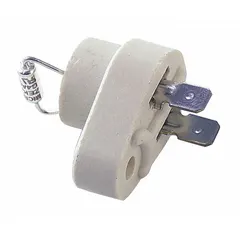Fusible link/holder for HVACR systems. Interrupts electrical current when temperature exceeds a preset limit. Used in commercial and industrial heating and cooling equipment to protect compressors, fans, and controls from overheating.