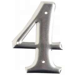 Silver uppercase '4' on aluminum label. Character height 3 in, overall width 2 in. Pack of 10 pieces, sold as 10 packs (100 total). Used for utility pole marking and identification in electrical distribution networks.