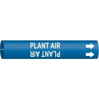 Blue snap-on pipe marker with white 'Plant Air' legend and directional arrows. Fits pipe outer diameter from 3/4 to 1-3/8 inches. Used to identify compressed air lines and indicate flow direction in industrial piping systems