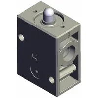 This manual air control valve features a basic plunger actuator and two 1/4-inch ports, with a maximum operating pressure of 1 MPa. It is used in pneumatic circuits for simple on/off or directional flow control, common in industrial automation and material handling systems