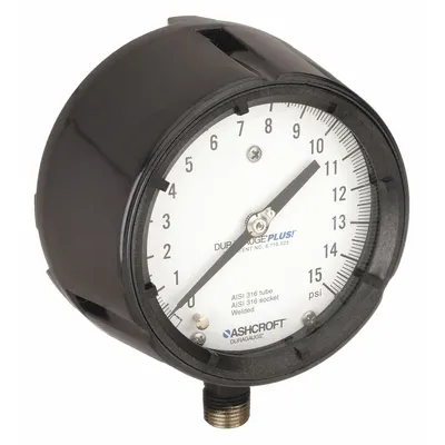 ASHCROFT Process Pressure Gauge: 0 psi to 15 psi, White, 4 1/2 in Dial, 1/2 in NPT Male - Vibration-Resistant All-Stainless Steel Wetted Parts & Casing