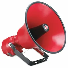 Outdoor tone alarm for hazardous locations. Operates on 24V DC with 15W power. Red enclosure measures 17 inches long by 13 1/8 inches wide. Provides audible signaling in industrial environments where warning sounds are required.