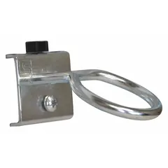 This single ring toolholder is designed for surface mounting on square-hole pegboard. Made of steel with a zinc-plated silver finish, it features a screw-in locking system and includes bolts for installation. Commonly used in workshops and garages to organize ring-shaped tools.