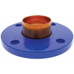 This low-lead cast copper and bronze tube flange connects 2-1/2 in CTS copper tube to 2-1/2 in pipe via a cup x flange configuration. Made of wrot copper, it is designed for sweat (solder) installation. Used in plumbing and HVAC systems to join copper tubing to flanged equipment such as valves, pumps, or tanks.