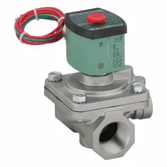 This REDHAT solenoid valve is a 2-way, 2-position, normally closed type with a 1-inch pipe size and 24V AC operation. It features a watertight coil enclosure suitable for environments where moisture resistance is required. Designed for high-flow applications, it provides on/off control of liquids or gases in plumbing and industrial systems.