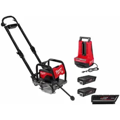 This cordless walk-behind concrete saw is designed for dry cutting control joints in masonry materials. It features a 6-inch blade diameter and is powered by three batteries. Suitable for concrete cutting applications where portability and precision are required.