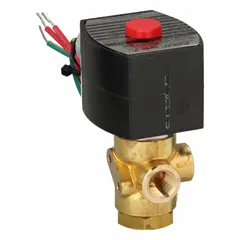 This 3-way/2-position normally closed solenoid valve from REDHAT features a direct-mount design and a watertight coil enclosure. It operates at 120V AC (also rated 110V AC) and has a 1/4 in pipe size. Suitable for on/off control of air, water, or light oil in industrial automation, HVAC, and process control systems.