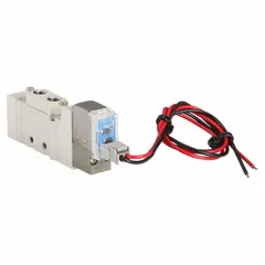Single solenoid, five-way/two-position directional control valve from the SY3000 Series. Operates on 24V DC with spring return, internal pilot, and non-locking manual override. Plug-in design for easy installation. Suitable for controlling compressed air flow in pneumatic systems such as automated machinery and industrial actuators.