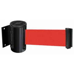 This wall-mount retractable belt barrier features a 12 ft red belt with no legend and a black frame. Designed for pedestrian traffic control and crowd management, it creates visible physical barriers to guide people, restrict access, or mark hazardous zones in industrial environments such as warehouses and factories.