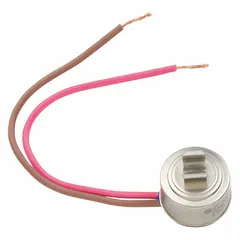 Defrost thermostat for refrigerators and freezers. Monitors evaporator temperature to control the defrost cycle, closing the heater circuit when frost accumulates and opening it once defrost is complete.