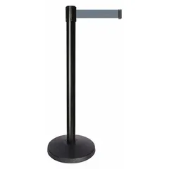 This retractable belt post barrier features a 10 ft by 2 in gray belt with no legend or pattern. The post is made of metal alloy with a black finish, and the base is constructed of ABS material. It is used for pedestrian traffic control and queue management in indoor environments such as airports, banks, retail stores, and event venues.