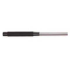 Round steel flat-tip punch for removing drive pins and dowel pins. 3/8 in tip diameter, 8 in overall length. Designed for SAE applications.