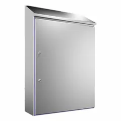 This 304 stainless steel enclosure measures 48 x 31 x 12 inches and is rated NEMA 1/12/13/3/3X/4/4X for indoor or outdoor use where corrosion resistance and watertight sealing are required. It features a 1/4-turn latch closure and does not include knockouts.