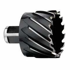 Black oxide high-speed steel annular cutter with 1 5/8 in diameter and 1 in maximum cutting depth. Designed for use with magnetic drill presses to create clean holes in metal for structural steel fabrication, construction, and industrial maintenance applications.