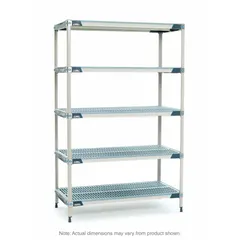 METRO Plastic Industrial Shelving: 24 in x 72 in, 74 in Overall Ht, 5 Shelves, Antimicrobial (MPN 5X577GX3). Key specifications — Resistance Properties: Antimicrobial; Frame Material: 304 Stainless Steel; Shelving Material: Polymer; Brand: METRO.