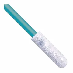Cleanroom swab with a rectangular polyester tip (3/4 in long, 3/16 in wide) and a 5 in white polyester handle. The handle dissipates 99% of a 5 kV charge in 0.5 seconds. Overall length 5 3/4 in. Supplied in a 500-pack. Suitable for static-sensitive environments.