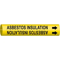 Yellow snap-on pipe marker with black legend reading 'Asbestos Insulation' and directional arrows. Fits pipe outer diameters of 4 to 6 inches. Used to identify piping containing asbestos insulation in industrial facilities