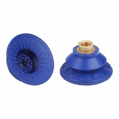 This bellows type vacuum pad assembly is designed for automated handling applications. It features a 1.5-fold bellows, 3/8 in NPT connection, and 89 mm pad diameter. The pad is made of NBR material in blue with a 60 A durometer and SAB style. Suitable for gripping and moving sheet metal, glass, and plastic components.