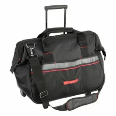 Rolling tool bag constructed of black polyester with 15 inside pockets for organized storage. Designed for transporting tools and equipment across job sites, featuring shoulder straps for alternate carry. Suitable for tradespeople and maintenance technicians requiring portable tool storage.