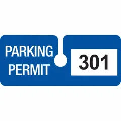 Blue vinyl parking hanger for displaying parking permissions in vehicles. Card height 2 inches, overall width 4 3/4 inches. Pack of 100. Suitable for use in commercial and institutional parking lots to identify authorized vehicles.