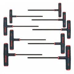 This 9-piece T-shaped hex key set includes SAE sizes with single ball ends and extra-long 9-inch handles. The black oxide finish provides corrosion resistance. Designed for tightening or loosening hex socket screws and bolts in confined spaces, suitable for maintenance and assembly tasks.