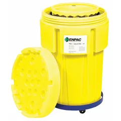 This mobile spill collector kit includes a 55-gallon polyethylene drum and provides a total spill capacity of 103 gallons. It is designed for capturing and storing industrial spills, such as leaks from drums or equipment, in a contained mobile unit. Suitable for hazardous or non-hazardous liquid containment in facilities.