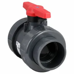 PVC straight ball valve with socket x socket ends for solvent-weld installation. Rated for 235 psi CWP. Locking tee handle provides secure manual on/off flow control. Suitable for water, chemical, and air service in industrial piping systems.