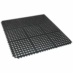 This 3 ft x 3 ft smooth black rubber drainage mat tile is a component of the Cushion Connect Interlocking Mat System. Designed for interlocking assembly without tools, it provides a surface that allows liquids to drain through. Suitable for industrial flooring in areas where slip resistance and fluid drainage are required.