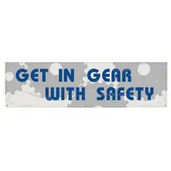 Poly sheeting safety banner with one printed side, nominal size 28 in x 96 in. Rated for indoor/outdoor use, suitable for displaying safety messages in industrial facilities, warehouses, and construction sites.