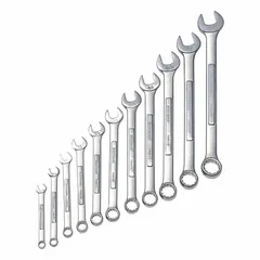 This 11-piece SAE 12-point combination wrench set features a chrome finish and a 15° head offset angle for improved access in confined spaces. The offset design and 12-point box end provide secure engagement on fasteners. Suitable for tightening and loosening SAE fasteners in automotive, equipment maintenance, and general assembly tasks.