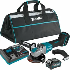 Cordless angle grinder kit with 5-inch wheel diameter, brushless motor, and barrel grip. Operates on 40V DC XGT battery system with 4.0 Ah capacity. Includes overload protection. Suitable for cutting, grinding, and surface preparation on metal, masonry, and tile.