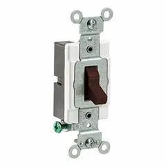 Single-pole maintained toggle wall switch rated 20 A at 120/277 V AC. Non-illuminated, brown finish. Used for on-off control of lighting or other loads from one location in commercial and industrial wiring systems.