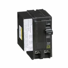 Plug-in miniature circuit breaker for QO Load Centers and NQ Panelboards. Provides overcurrent protection for branch circuits in single-phase systems. Rated 100 A, 120/240V AC, with a maximum interrupting rating of 10 kA at 120/240V AC.