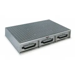 Aluminum bed-mount storage drawer system with three drawers, measuring 36 inches wide, 26 inches deep, and 6 inches high. Silver finish. Designed for organizing tools and parts in service trucks or vans, providing accessible and secure storage for mobile maintenance and field operations.