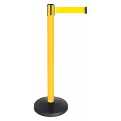 This retractable belt post barrier features a yellow metal alloy post and yellow ABS base. The 10 ft by 2 in yellow belt has no legend or pattern, providing a solid-color delineation for pedestrian guidance and area control in facilities requiring temporary queue management or access restriction.
