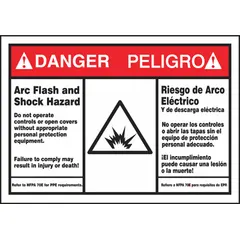 Vinyl adhesive sign measuring 3 1/2 x 5 in, 0.006 in thick. Warns of arc flash and shock hazards, requiring appropriate PPE per NFPA 70E. Suitable for mounting on electrical enclosures, switchgear, and control panels. Not retroreflective or glow-in-the-dark.