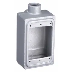 This rectangular iron weatherproof electrical box from APPLETON ELECTRIC has a 1-gang configuration, 1/2-inch hub size, and 18 cubic inch capacity. Finished in gray, it is suited for outdoor or damp-location junction and pull-box applications requiring conduit connections.