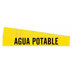 Yellow adhesive pipe markers with black 'Agua Potable' legend for identifying potable water lines. Each marker fits pipe outer diameters from 2-1/2 to 7-7/8 inches. Pack of 5 markers without arrows. Suitable for use in industrial and commercial facilities where clear pipe identification is required.