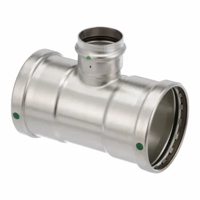 VIEGA PROPRESS Crimp Tee Fitting: 4 in CTS x 4 in CTS x 2 in CTS, Rubber - Potable Water Stainless Steel Press Fittings