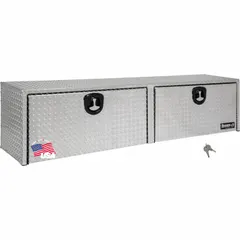 This topside truck box features double drop-down doors with a T-handle compression lid for secure closure. Finished in silver, it includes a keyed lock to protect stored items. Designed for mounting on pickup truck beds, it provides organized storage for tools and equipment.