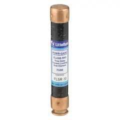 The LITTELFUSE FLSR020 is a Class RK5 time-delay cylindrical fuse rated 20 A at 600 V AC and 300 V DC. It provides overcurrent protection for branch circuits, motors, transformers, and other inductive loads, with a time-delay characteristic to withstand inrush currents without nuisance opening. This non-indicating fuse is suitable for industrial control panels and HVAC equipment.