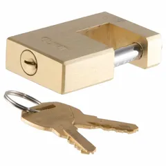 Brass hitch lock in yellow finish, includes two keys. Designed to secure trailer couplers, preventing unauthorized access or detachment during towing. Suitable for use with various trailer types in fleet and vehicle maintenance applications.