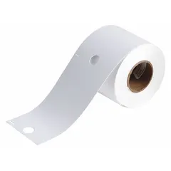 White polyester precut label roll measuring 3 1/4 in x 5 3/4 in. Material is inkjet print-receptive. Compatible with BradyJET J2000 printer series. Used for industrial identification and labeling in manufacturing and facility settings.