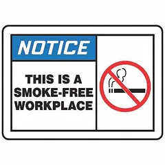 This 5-pack of adhesive vinyl signs communicates a smoke-free workplace policy. Each sign measures 3 1/2 x 5 inches with a thickness of 0.02 inches. Suitable for indoor or sheltered outdoor use where adhesive mounting is acceptable. Not retroreflective, not glow-in-the-dark, and no anti-slip surface.