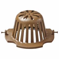Cast iron dome strainer with Duco coated yellow finish. Overall diameter 6 7/8 in, overall height 4 1/2 in. Screw connection type. Used in floor sinks to catch debris and prevent drain blockages.