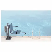 The SPECTRUM Aqua Buddy is a gray pool lift with a flip-up arm design, featuring a 40 1/2 in overall height and 350 lb weight capacity. It includes a battery charger. This lift is used for providing accessible entry and exit from swimming pools in commercial and residential settings