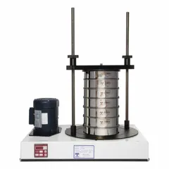 Vibration-type sieve shaker for particle size analysis. Accepts 8-inch to 12-inch diameter test sieves. Digital control with 1 Hz frequency for consistent mechanical agitation in laboratory sieving applications.