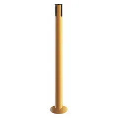Sloped-base receiver post for retractable belt barriers. Post height 36 1/2 in, post material yellow stainless steel, base material steel. Used in crowd control and queue management to guide pedestrian flow and cordon off areas.